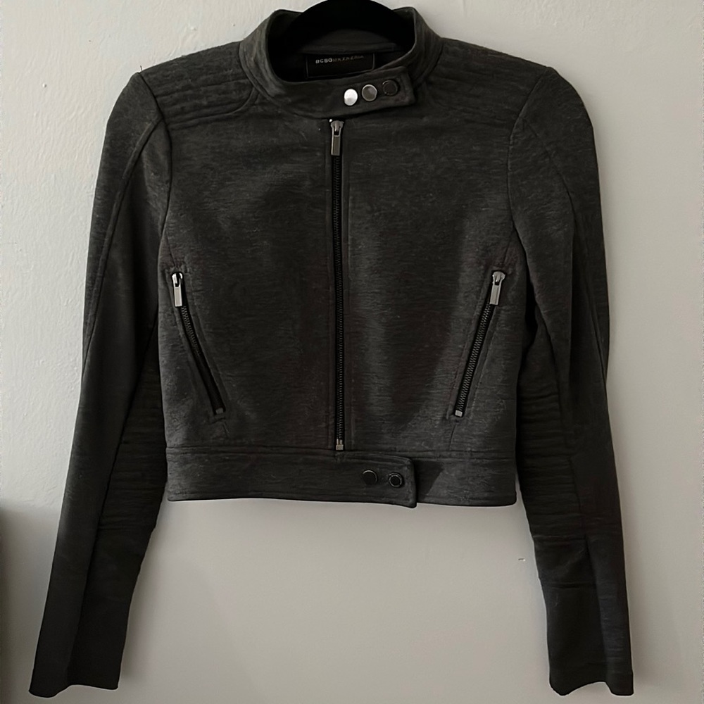 BCBGMaxazria Heather grey moto style cropped jacket